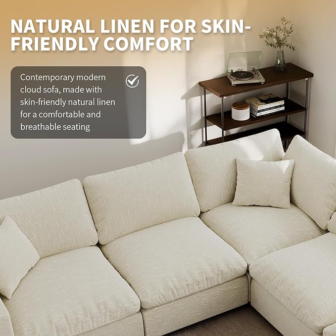 Modern Sectional Linen Couch for Living Room U-Shape Sofas,6 Seat Modular Cloud Sofas,Couches Cushion Covers Removable,Cozy Feather Down Sofa for Apartment Beige