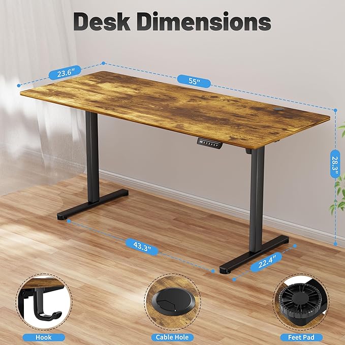Shahoo 55 Inch Standing Desk, Electric Height Adjustable Computer Desks with Hook and Cable Hole, Rustic Brown