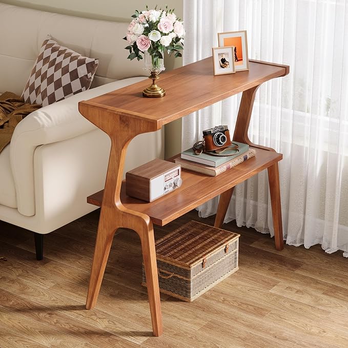 Tribesigns Wood Side Table, 2-Tier Modern Tall End Table with Storage Shelves, Slim Couch Side Table for Living Room, Narrow Bedside Table, Nightstands for Bedroom, Cherry