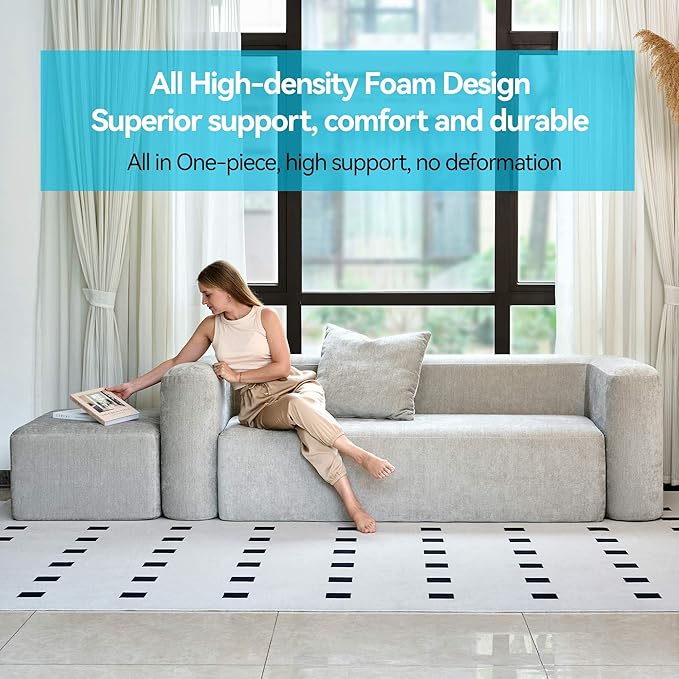 Modern One-Piece Foam Sofa with Ottoman, No Assembly Required, Ergonomic Design Couch, Eco-Friendly Chenille Fabric, Modular DIY Combination Sectional for Living Room, Apartment & Lounge (Light Gray)