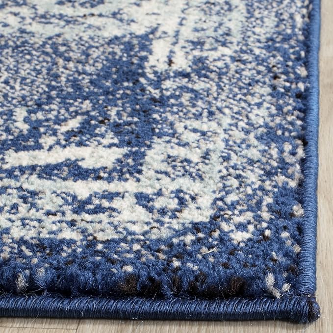 SAFAVIEH Evoke Collection Area Rug - 9' Square, Navy & Ivory, Distressed Design, Non-Shedding & Easy to Clean, Ideal for Living Room, Bedroom, Dining Space (EVK256A)
