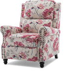 Pushback Recliner Chairs Set of 2, Upholstered Armchair Wingback Recliner Chair, Floral Fabric Push Back Recliner with Wood Legs, Rivet Trim Single Sofa Accent Chair for Living Room, Pattern White