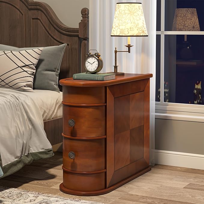 Tribesigns Wood End Table Set of 2, Narrow Solid Side Table 2-Drawer Slim Chair Side Table, No Assembly Required, Finished Back