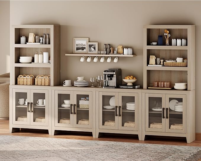 WAMPAT Farmhouse Entertainment Center with Bookshelves, 4-Piece Modular TV Stand with Storage Towers, Glass Doors, Open Shelves, Media Console for Living Room, Home Theater, Beige