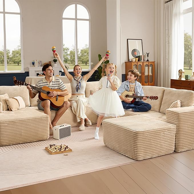 146‘' Oversized Cloud Sectional Couch, U Shaped Boneless Couches with Chaise & Ottoman, Plush Corduroy Deep Seat Modular Sofa for Living Room, No Assembly Required, Beige