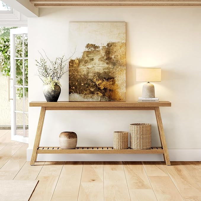 LITTLE TREE 70.9 Inches Extra Long Console Table for Entryway, 2-Tier Narrow Wood Sofa Table Behind Couch, Large Sofa Table for Living Room, Light Brown Hallway Entry Table with Storage