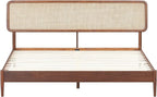 NTC Lupin Wooden Bed Frame with Headboard and Natural Rattan, Solid Oak/Rubber Wood Foundation with Silent Slats, 1000 Lb Capacity, Effortless Assembly (Natural Cane - Dark Walnut, King)