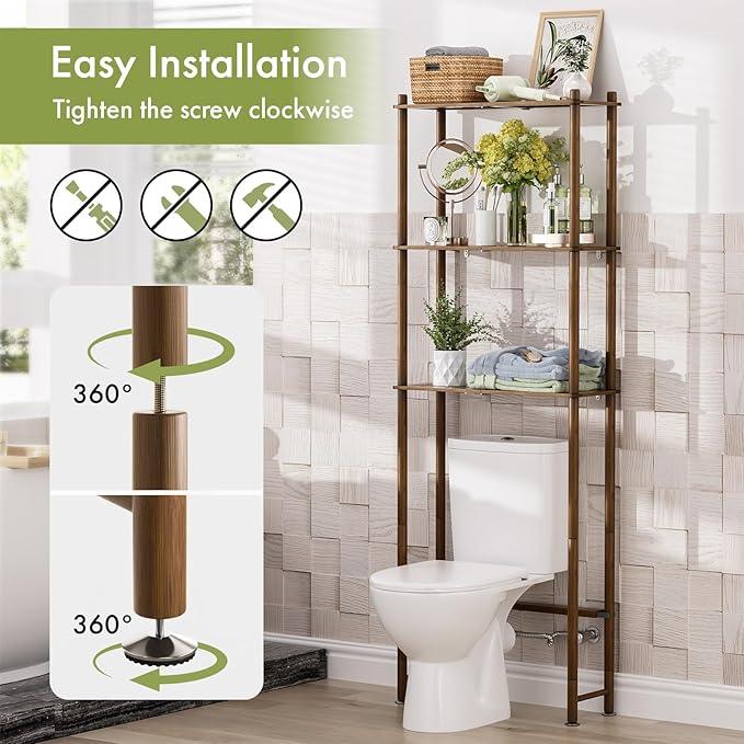 AmazerBath Bamboo Over The Toilet Storage Shelf, Over Toilet Bathroom Organizer Rack, 3-Tier Bathroom Shelves Over Toilet, Space Saver, Walnut Brown