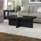 Henn&Hart 44" Fluted Rectangular Wood Pedestal Low-Profile Coffee Table for Living Room, Family Room or Office, Black Grain