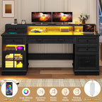BTHFST 59.1" Executive Desk with File Drawer, Home Office Desk with Charging Station & LED Lights, Computer Desk with Drawers & Storage Cabinet, Executive Office Desk with Monitor Stand, Black
