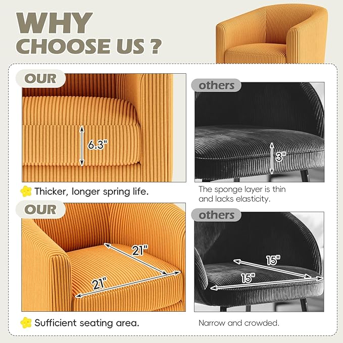360° Swivel Accent Chairs, Modern Bucket Chair, Corduroy Barrel Armchair, Comfy Boucle Chair, Single Sofa for Living Room Bedroom. Orange