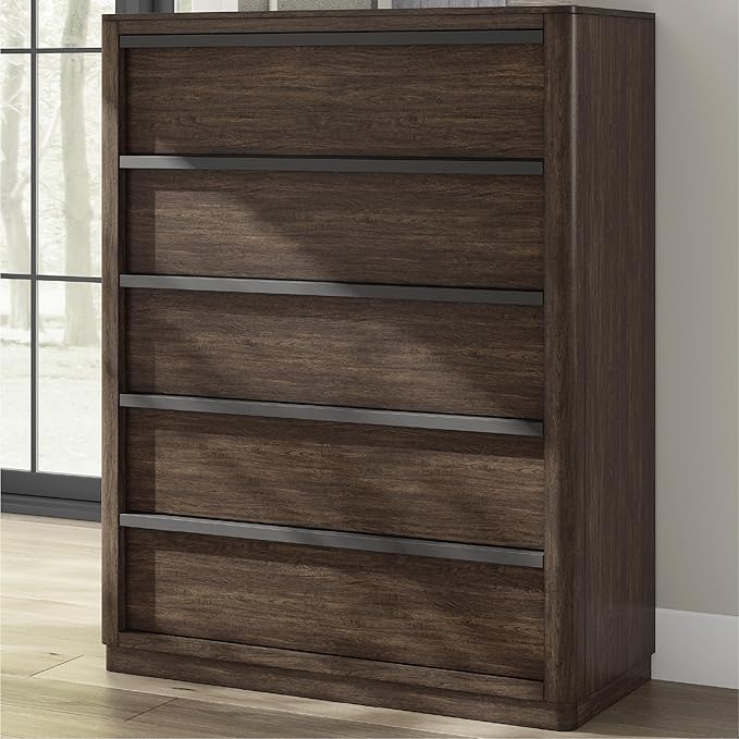 Signature Design by Ashley Kendamor Contemporary 5-Drawer Chest with Felt-Lined Top Drawer and Easy Glide for Bedroom, Dark Brown