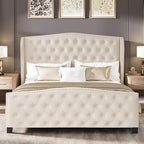 LARMACE Queen Size Bed Frame Velvet Upholstered Platform Bed with Wingback Headboard & Footbaord, Deep Button Tufted Bed Frame with Wood Slats Support, No Box Spring Needed, Beige