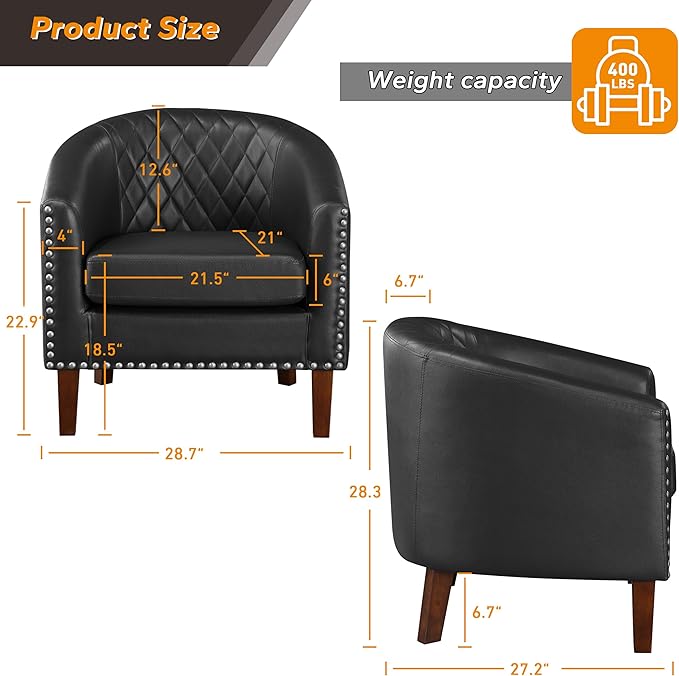 Prilinex Comfy Barrel Accent Chair Set of 4 - Faux Leather Living Room Chair Club Chair with Cushion, Diamond Grid Backrest & Nailhead Trim, Guest Chair for Office, Bedroom & Waiting Room, Black
