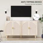 Beige Sideboard Cabinet with 4 Rattan Doors, Rattan Buffet Cabinet with Adjustable Shelves & Pine Legs, Boho Sideboard Buffet for Living Room, Kitchen, Entryway, Beige