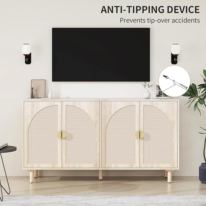 Beige Sideboard Cabinet with 4 Rattan Doors, Rattan Buffet Cabinet with Adjustable Shelves & Pine Legs, Boho Sideboard Buffet for Living Room, Kitchen, Entryway, Beige