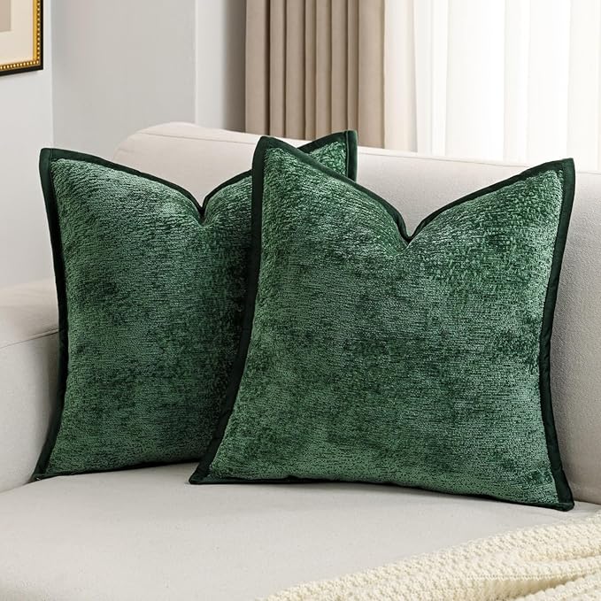 FUTEI Christmas Dark Green Chenille Throw Pillow Covers 24x24 Inch Set of 2,Soft Cozy Bound Edge Design European Cushion Cover,Home Decor for Couch Bed Living Room