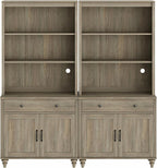 WAMPAT 5 Tier Farmhouse Bookcase 72" Tall Bookshelf with Barn Doors, Large Display Book Shelf with 2 Drawers and Storage Cabinet, Library Wood Bookshelves for Living Room,Kitchen, Wash Grey (2PCS)