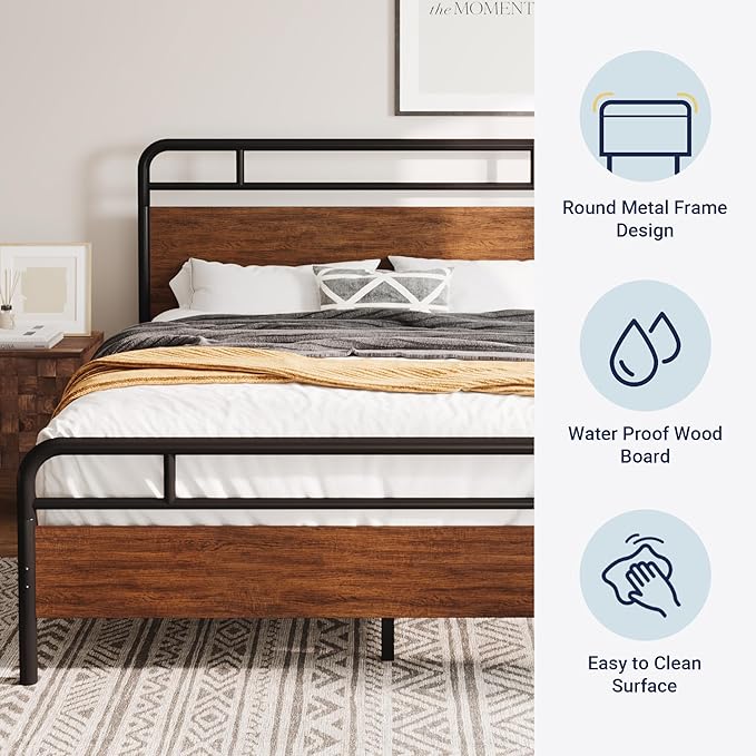 Allewie Full Size Platform Bed Frame with Wooden Headboard and Footboard, Heavy Duty 13 Metal Slats Support, Under-Bed Storage, No Box Spring Needed, Noise Free, Easy Assembly, Walnut