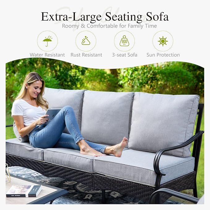 Sophia & William Patio Furniture Set with Fire Pit Table, 5 PCS Metal Outdoor Conversation Set with Fire Pit Table, 2 Sofa Chairs,1 Loveseat, 3-Seater Couch for Outdoor Seating, Backyard, Porch(Grey)