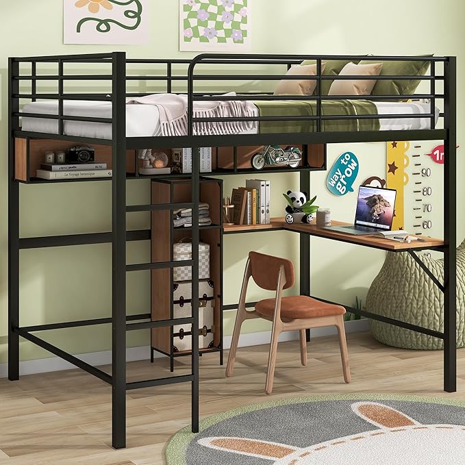 Full Size Metal & Wood Loft Bed with L -Shaped Desk and Shelves,Bedroom Multifuncational Bed Frame w/Guardrails & No Box Spring Required,for Adult Kid Boy Girl,Black+Brown