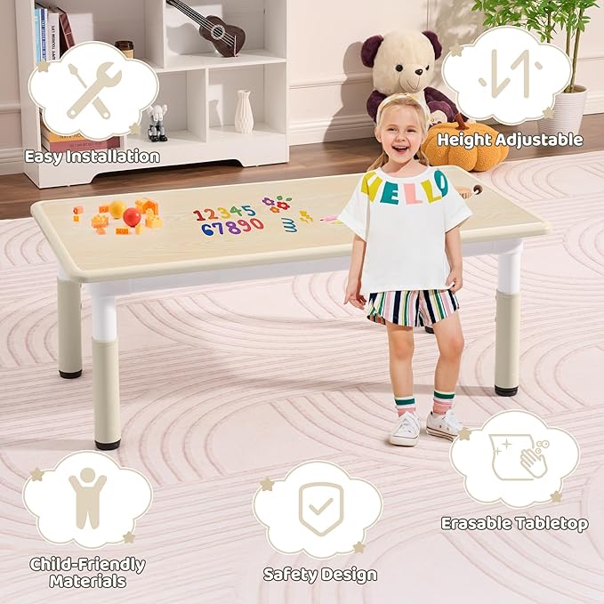Toddler Table, 7 Level Height Adjustable Kids Play Furniture for Ages 3-8, Rectangular Plastic, 23.6" W x47.2 L, Multi-Activity Desk with Graffiti Desktop for Home & Daycare