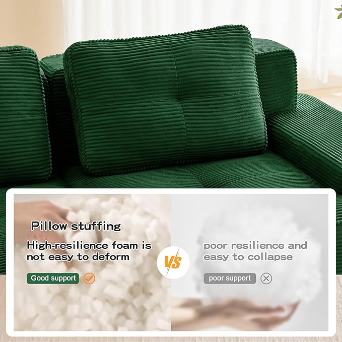 150.4” Green Boneless Couches for Living Room, Modular Sectional Sofa with U-Shape Chaise, 4 Seater Comfy Upholstered Deep Seat Corduroy Fabric Cloud Couch No Assembly, Anti-Slip Design