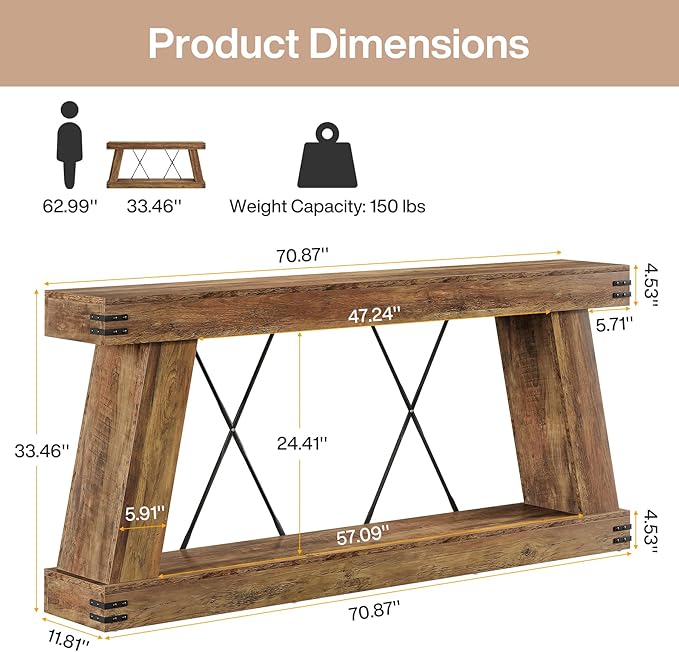 Tribesigns 70.9" Farmhouse Console Table, Long Sofa Table Behind Couch with Storage, Narrow Wooden Console Station, Industrial Rustic Entryway Furniture for Hallway, Entry, Living Room, Brown