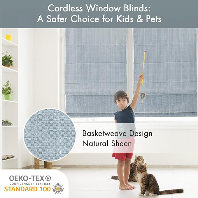 Madison Park Galen Cordless Roman Shade, 29"W x 64"H, Sheen Blue – Room Darkening, Thermal Insulated, Energy Efficient Window Blind with Subtle Sheen Basketweave Fabric for Privacy