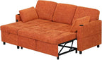 84" Chenille Pull Out Sofa Bed w/Adjustable Backrest, L-Shape Modern Sleeper Sofa w/Reversible Chaise, Upholstered Sectional Couch w/USB Port and Side Pockets for Living Room, House, Orange