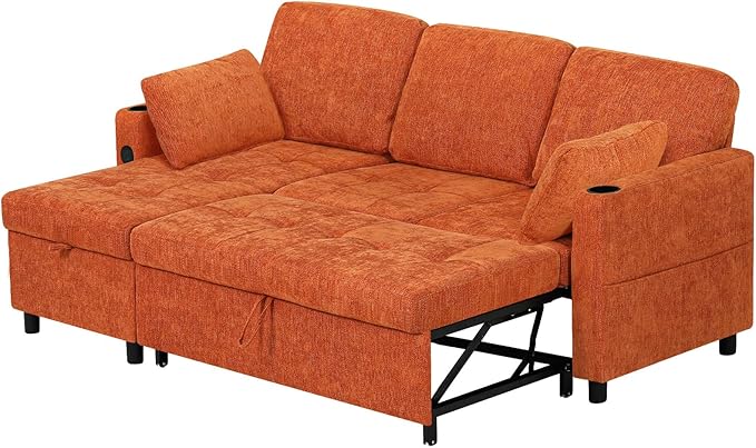 84" Chenille Pull Out Sofa Bed w/Adjustable Backrest, L-Shape Modern Sleeper Sofa w/Reversible Chaise, Upholstered Sectional Couch w/USB Port and Side Pockets for Living Room, House, Orange