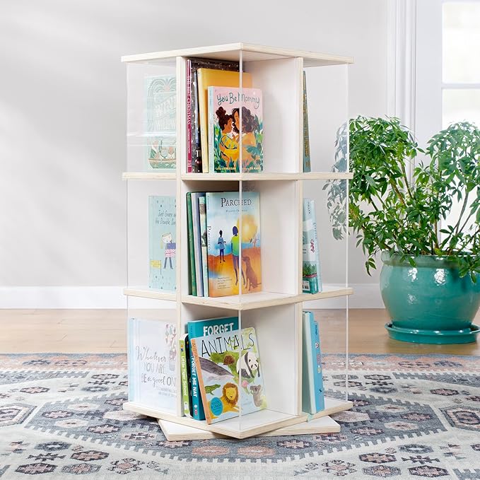 Guidecraft EdQ Rotating Bookshelf for Kids - White: 360 Spinning Plywood Book Organizer with Acrylic Windows: Montessori Bookshelf for Kids Classroom | Playroom Storage and Bookcase for Classroom