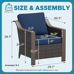Outdoor Armchairs Set of 2, Patio Metal Wicker Conversation Furniture Set, Premium & Washable Cushions, Durable PE Rattan, Metal Armrests with Wood Grain, Backyard (Navy Blue)