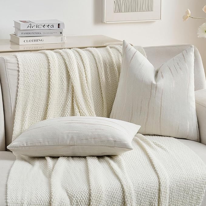 FUTEI Cream Chenille Decorative Throw Pillow Covers 22x22 Inch Set of 2,Soft Embossed Striped Textured Cushion Case,Modern Home Decor for Couch Bed Living Room