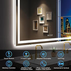 55x36 Inch LED Bathroom Mirror with Lights Front and Backlit Lighted Vanity Mirror for Bathroom Wall with 3 Colors Dimmable Anti-Fog Memory Shatter-Proof IP54 Waterproof Horizontal/Vertical