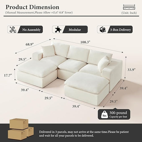 108" Sectional Couches for Living Room Boneless Couch Upholstered Cloud Couch Sectional Modular Sectional Sofa with L Shaped (Chenille-White, 3 Seat+2 Ottoman)