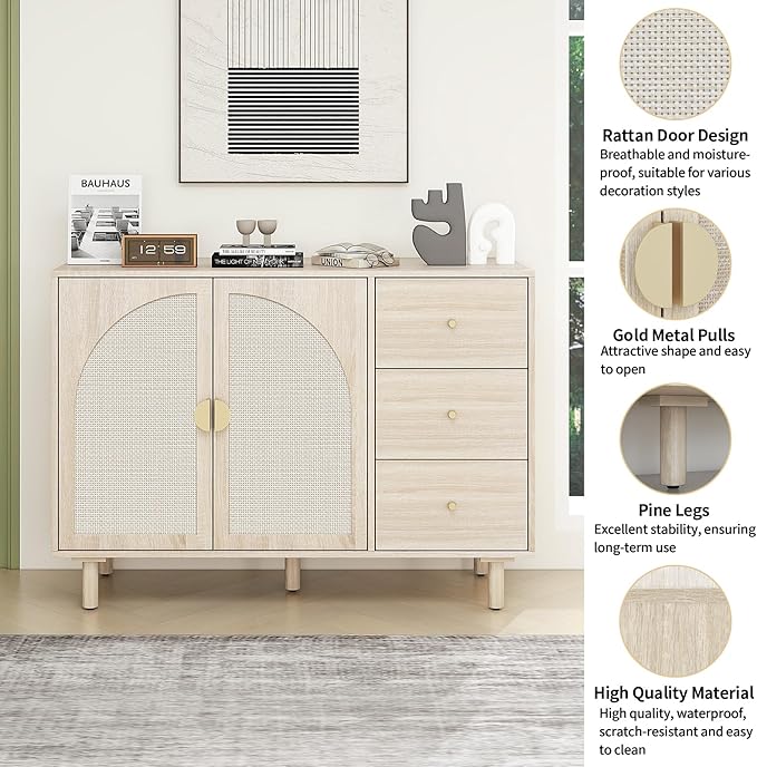 Beige Sideboard Cabinet with 2 Rattan Doors and 3 Drawers, Rattan Buffet Cabinet with Adjustable Shelves & Pine Legs, Boho Sideboard Buffet for Living Room, Kitchen, Entryway, Beige