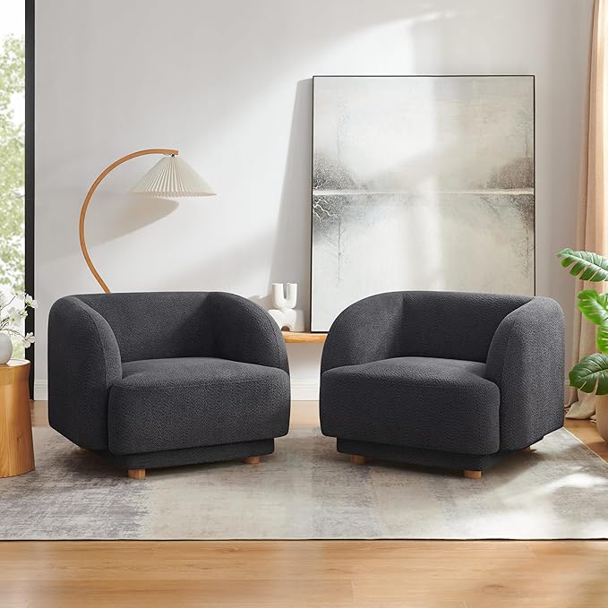 VANOMi Oversized Living Room Chair, Modern Comfy Accent Barrel Chairs, Single Sofa Chair with Wood Legs, Upholstered Armchair for Bedroom, Office, Waiting Room (Dark Gray)