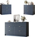 3-Piece Dresser Bedroom Set, 7 Drawer Dresser & 3 Drawer Nightstands with Gold Handles, Fluted Wood Chest of Drawers for Bedroom, Living Room, Entryway, Navy Blue