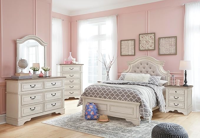 Signature Design by Ashley Realyn French Country 3 Drawer Nightstand with Electrical Outlets & USB Ports, 27.75" Tall, Chipped White