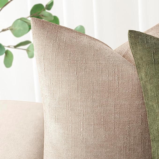 Foindtower Set of 2 Soft Textured Chenille Throw Decorative Pillow Covers Square Accent Solid Cushion Cover Cozy Neutral Farmhouse Pillow Case for Couch Sofa Bedroom Living Room 26x26 Inch,Cream Camel