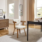 Art Leon Office Chair No Wheels - Mid Century Modern Desk Chair, Fabric Upholstered Accent Arm Chair with Wood Legs for Small Spaces Home Office Living Room Bedroom Study, Off White/Walnut