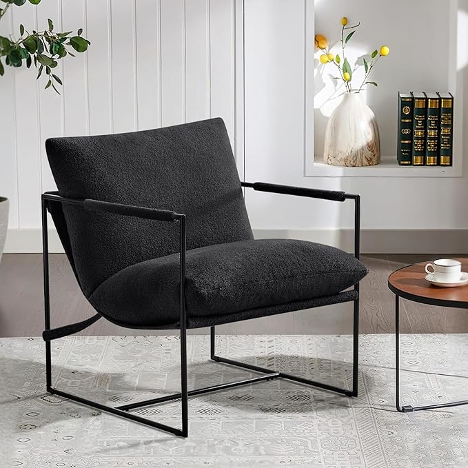 Furnilivng Large Sling Accent Chair Set of 2, Comfortable Boucle Fabric Arm Chair, Upholstered Cozy Reading Chair for Living Room, Bedroom, Dressing Room, Home Office, Black