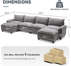 147 Inch Big Comfy Couch with Ottoman, 6 Seat U Shaped Couches, Cloud Modular Sectional Sofa, Modern Cloud Couch Sectionals, Sectional Couches for Living Room, Oversize Deep Seat Sofa, Grey