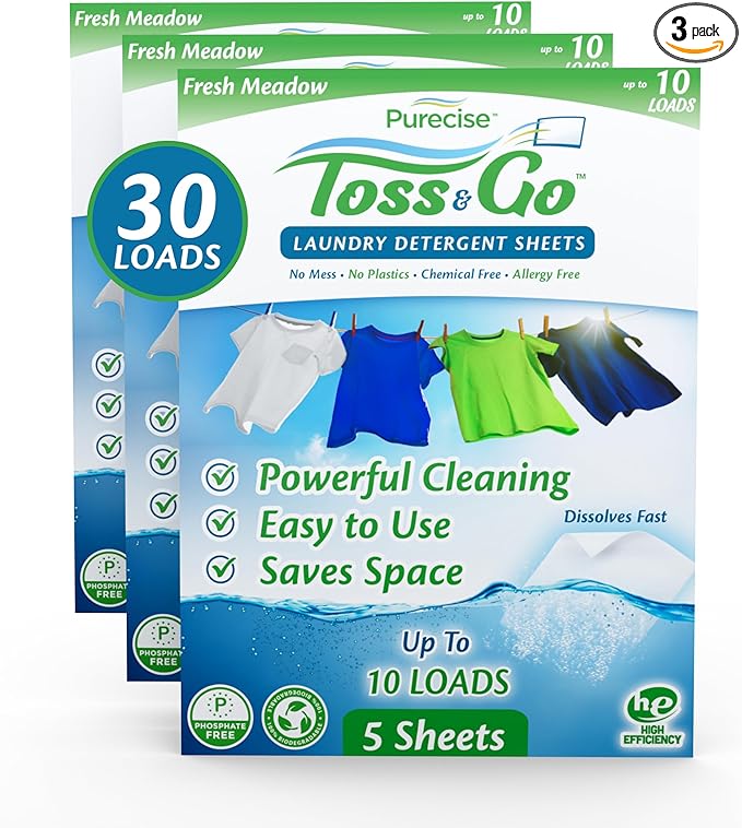 Purecise -Toss & Go - Fresh Meadow Laundry Detergent Sheets - Powerful Clean, No Mess, Fast-Dissolving, No Residue - 30 Loads - 5ct Pack of 3