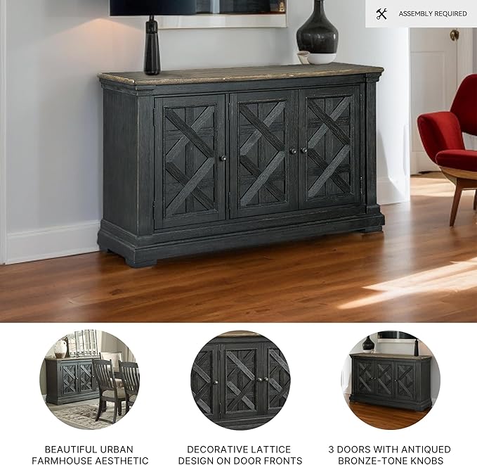 Signature Design by Ashley Tyler Creek Vintage Casual Dining Room Buffet Cabinet or Server with 3 Doors and Lattice Design, Wood, 36" High, Black & Gray