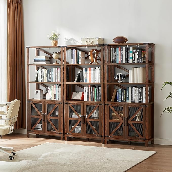 5 Tier Bookshelf 70" Tall Bookcase with Barn Doors,Large Farmhouse Display Book Shelf with Adjustable Shelves and Storage Cabinet，Library Wood Bookshelves for Living Room,Kitchen,Brown