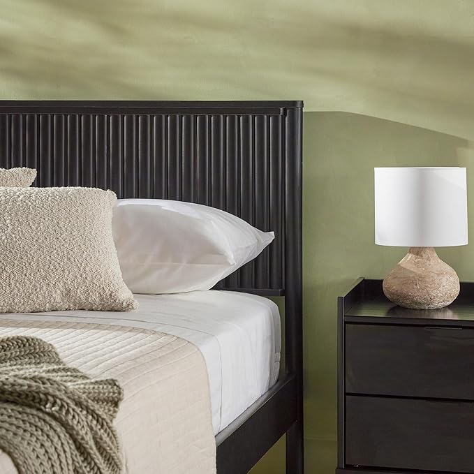Walker Edison Queen Modern Reeded Headboard Solid Wood Bed, Queen Size, Black