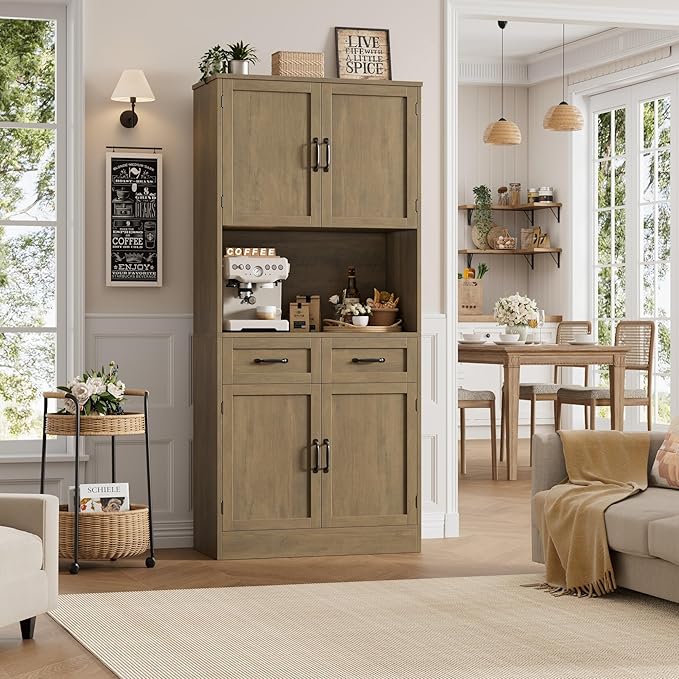 HOSTACK 71“ Tall Kitchen Pantry Storage Cabinet, Modern Kitchen Hutch Bar Cabinet with Microwave Stand, Wood Buffet Sideboard with Hutch, Cupboard with Drawers, Shelves for Dining Room, Rustic Brown