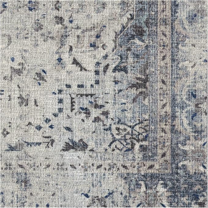RUGGABLE Washable Vintage Area Rug – Sarrah Blue Quartz 6 ft Round, Stain-Resistant, Non-Slip – Medium Machine Washable Rugs for Living Room, Bedroom, Hallway, Entryway & Office–with Standard Pad